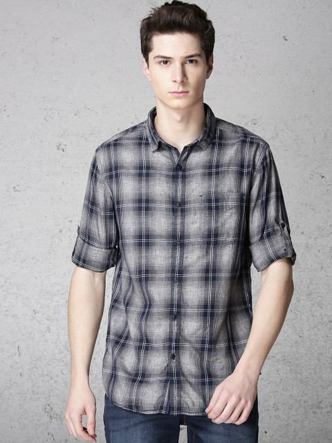 

Ecko Unltd Men Navy Blue & Grey Slim Fit Checked Casual Shirt