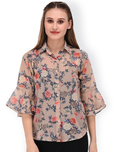 

PURYS Women Beige Smart Regular Fit Printed Casual Shirt