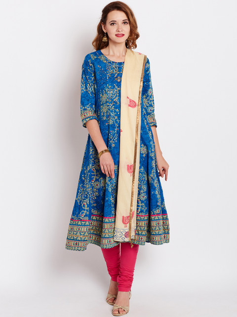 

Rain & Rainbow Women Red & Blue Printed Kurta with Churidar & Dupatta