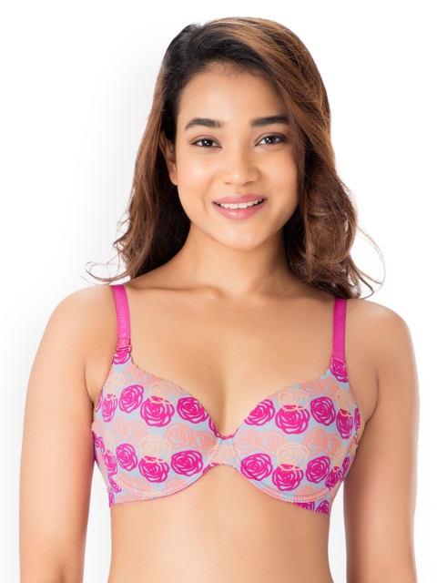 

PrettySecrets Grey & Pink Floral Print Underwired Lightly-Padded T-shirt Bra