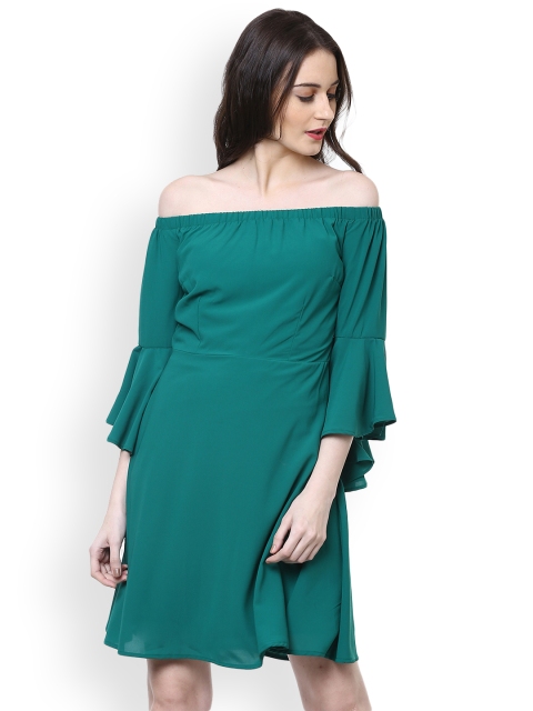 

Harpa Women Green Solid Fit and Flare Bardot Dress