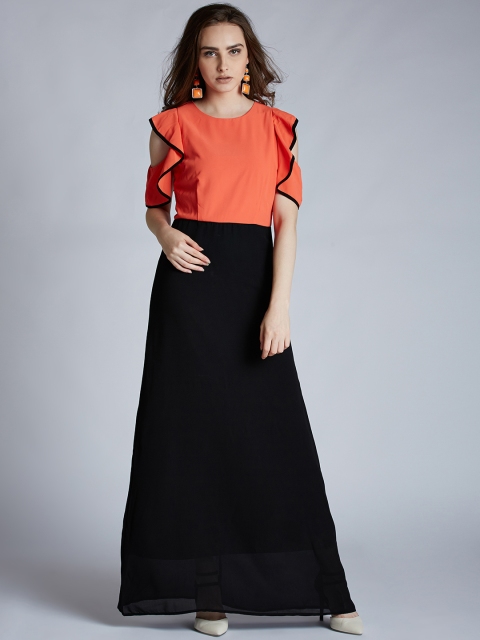 

Harpa Women Orange & Black Solid Maxi Dress