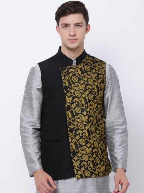 

Svanik Yellow & Black Jacquard Nehru Jacket