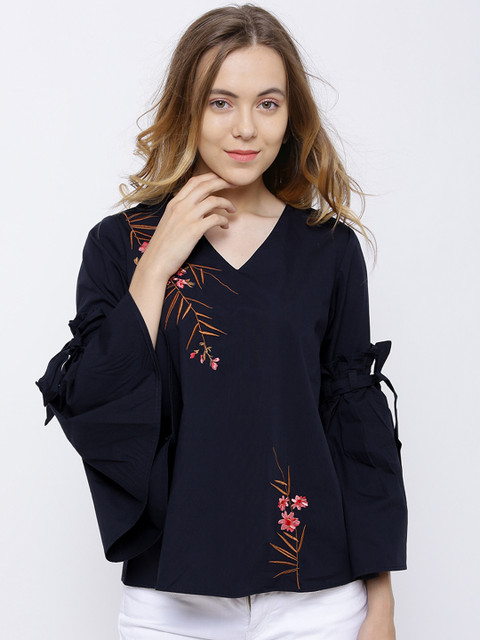 

Tokyo Talkies Women Navy Blue Solid Regular Pure Cotton Top