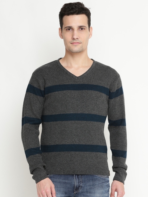 

Peter England Casuals Men Charcoal Grey & Green Striped Pullover