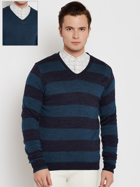 

Peter England Casuals Men Blue Striped Reversible Sweater