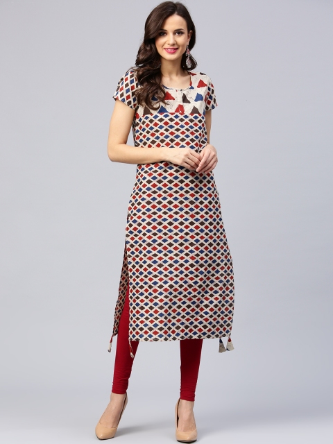 

AKS Women Beige & Red Printed Straight Kurta