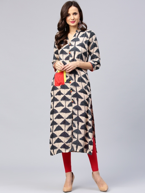 

AKS Women Beige & Charcoal Printed Straight Kurta
