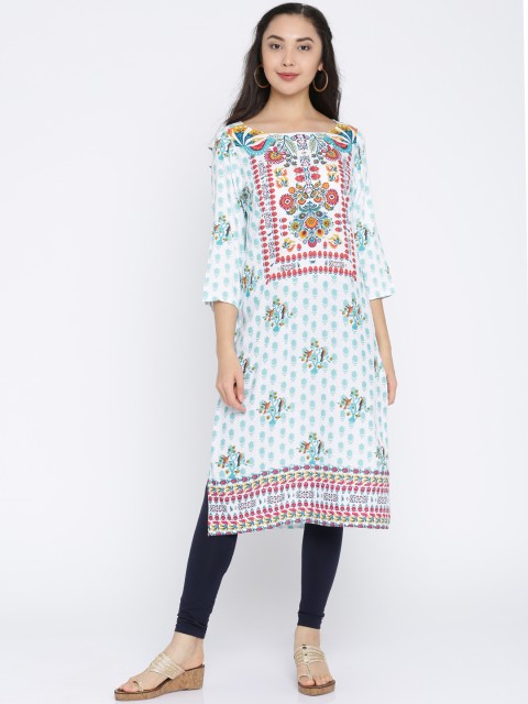 

Melange by Lifestyle Women White & Green Printed Straight Kurta