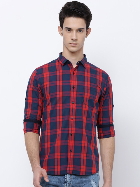 

HIGHLANDER Men Navy Blue & Red Slim Fit Checked Casual Shirt