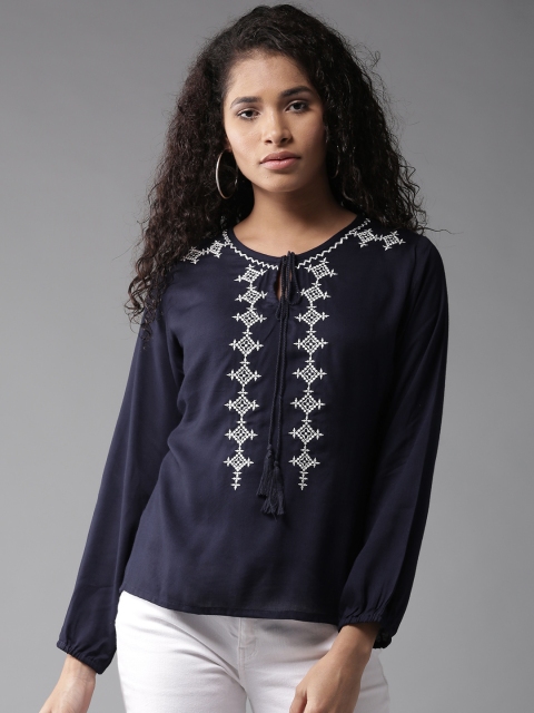 

HERE&NOW Women Navy Embroidered Detail Top, Navy blue