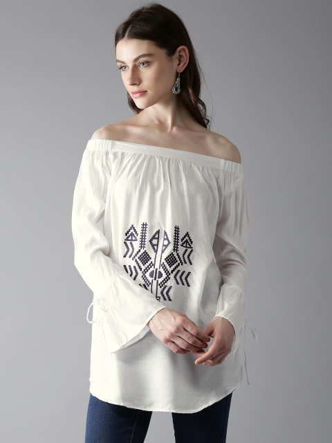 

HERE&NOW Women White Embroidered Detail Bardot Top