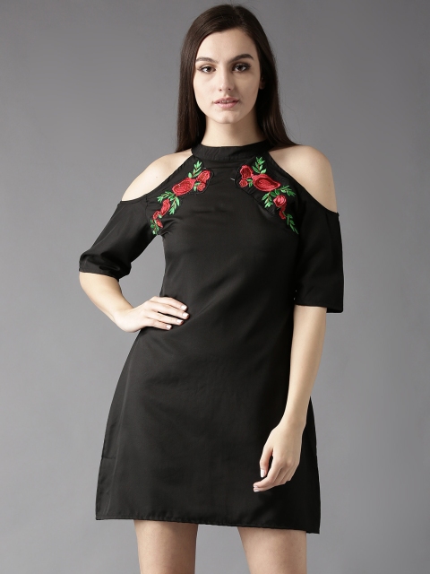 

HERE&NOW Women Black Rose Embroidered Cold-Shoulder Dress