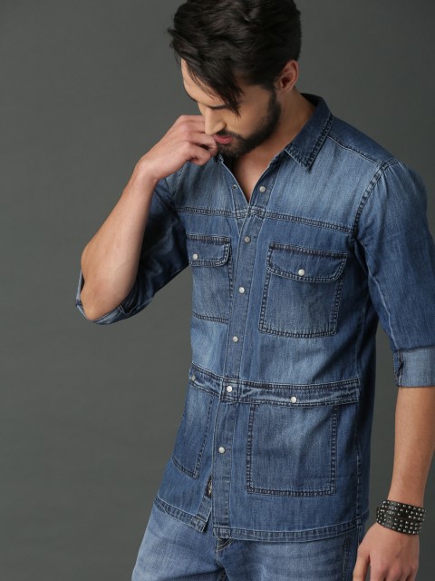 

RDSTR Men Blue Regular Fit Solid Denim Casual Shirt