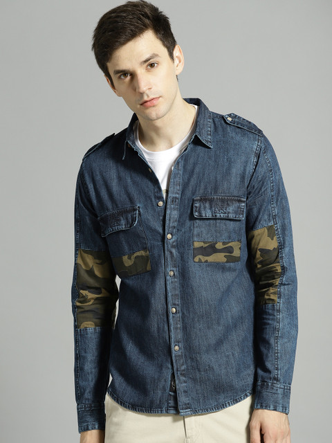 

Roadster Men Navy Blue Regular Fit Chambray Casual Shirt