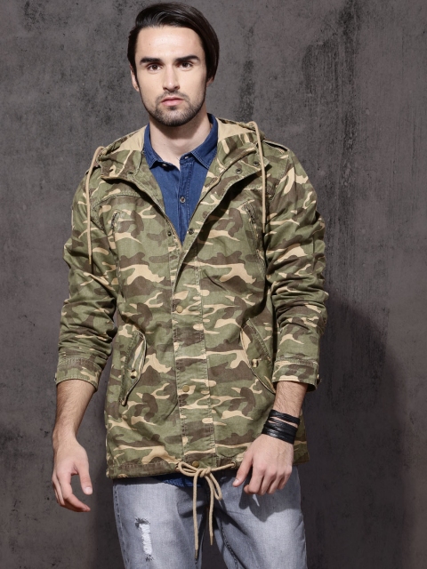 

Roadster Men Olive Green & Beige Printed Hooded Tailored Jacket