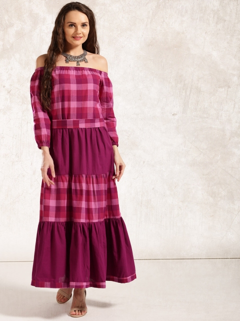 

Anouk Women Pink & Purple Checked A-Line Tiered Fusion Kurta
