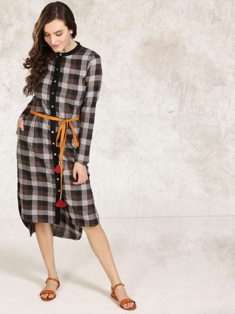 

Anouk Women Black & Grey Checked Midi Shirt Dress