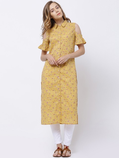 

Vishudh Women Mustard Yellow & Pink Printed Straight Kurta