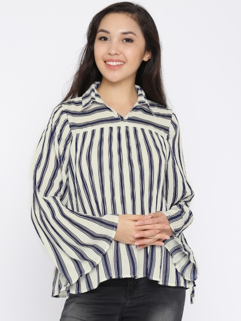 

Deal Jeans Women White & Navy Striped A-Line Top