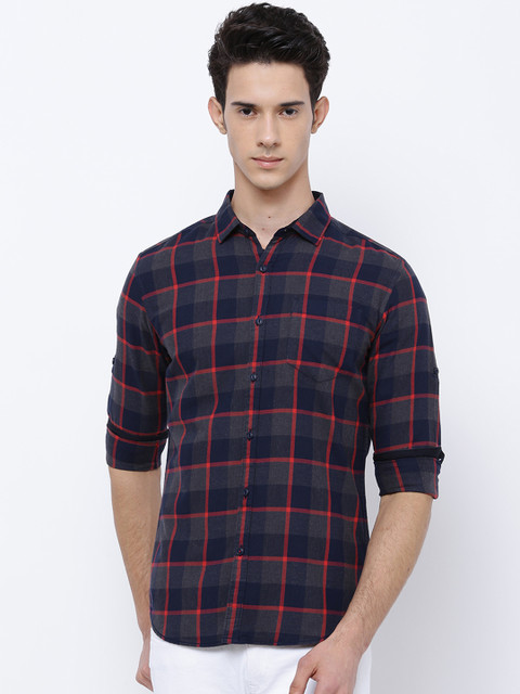 

LOCOMOTIVE Men Grey & Navy Blue Slim Fit Checked Casual Shirt