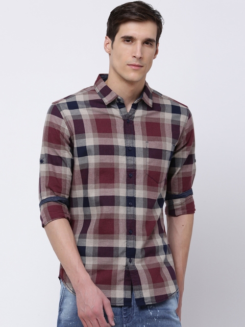 

LOCOMOTIVE Men Maroon & Navy Blue Slim Fit Checked Casual Shirt