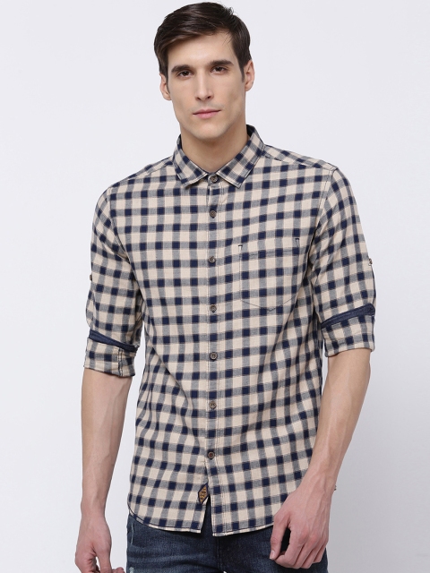 

LOCOMOTIVE Men Beige & Navy Blue Slim Fit Checked Casual Shirt