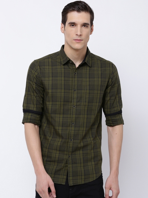 

LOCOMOTIVE Men Olive Green & Black Slim Fit Checked Casual Shirt