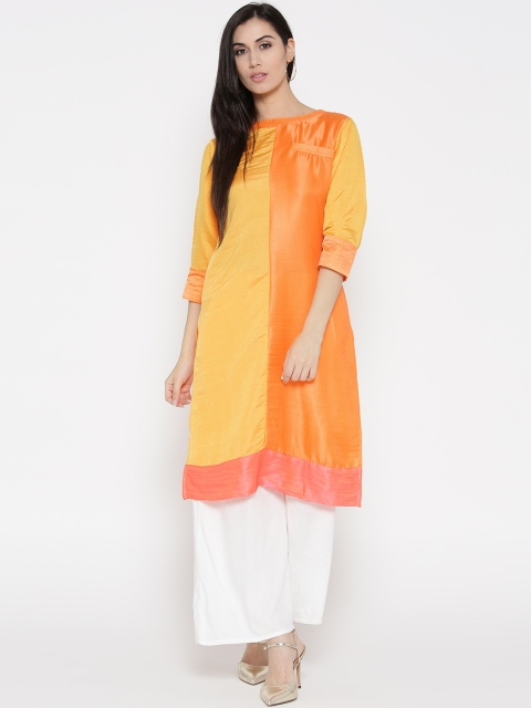 

Jashn Women Yellow & Orange Colourblocked Straight Kurta