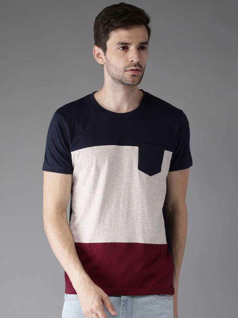 

Moda Rapido Men Grey Melange Navy Colourblocked Round Neck Pure Cotton T-shirt