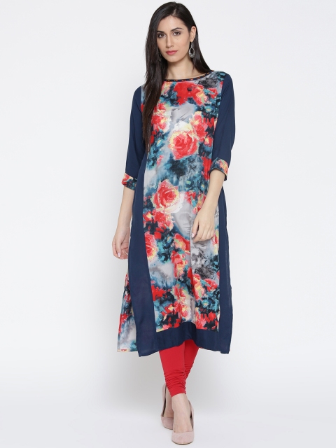 

Shree Women Navy Blue & Red Floral Printed Straight Kurta