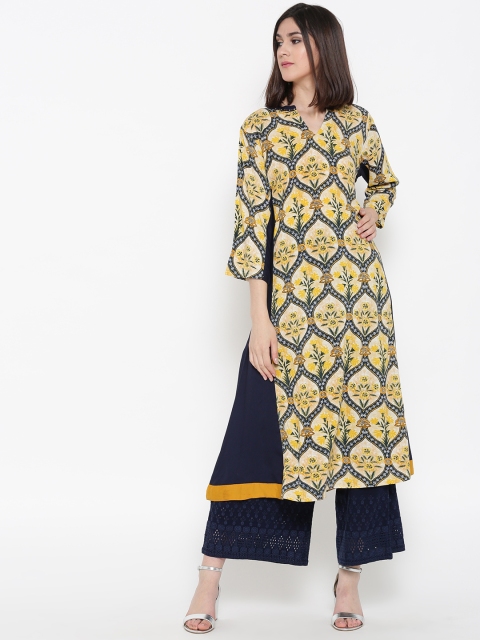 

Shree Women Yellow & Navy Printed A-Line Kurta