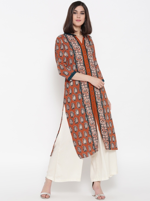 

Shree Women Rust Orange & Beige Printed Straight Kurta