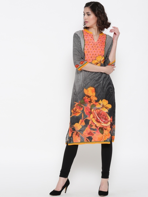 

Shree Women Grey & Coral Pink Printed Straight Kurta