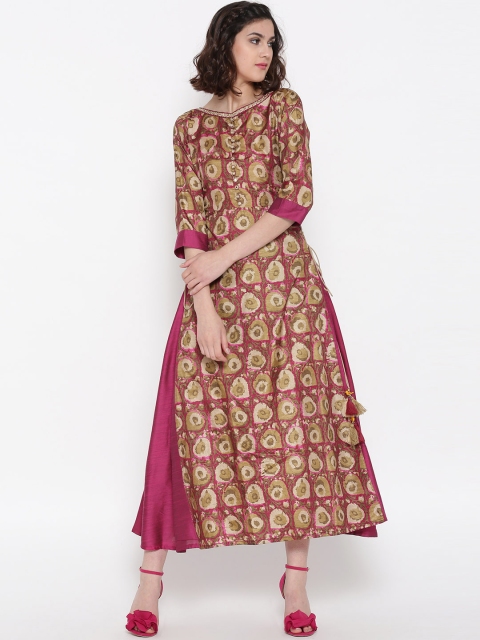 

Shree Women Magenta & Olive Green Printed Panelled Maxi Dress