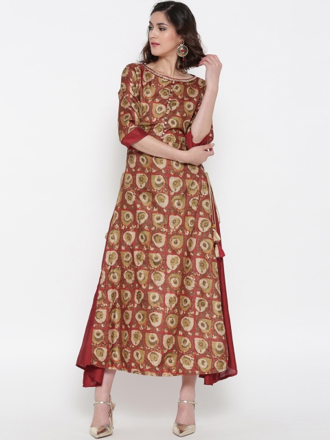 

Shree Women Maroon & Olive Green Printed Panelled Maxi Dress