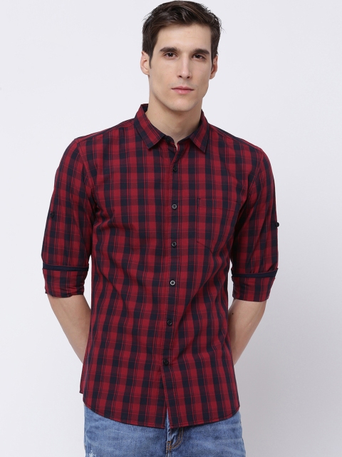 

HIGHLANDER Men Navy & Red Slim Fit Checked Casual Shirt, Navy blue