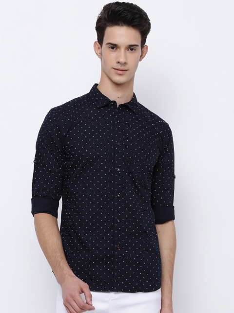 

HIGHLANDER Men Navy & White Slim Fit Polka Dot Print Casual Shirt, Navy blue