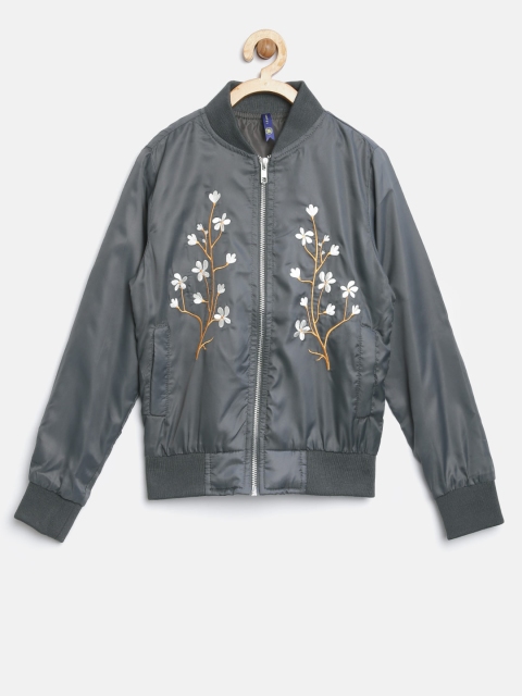 

YK Girls Grey Embroidered Bomber Jacket