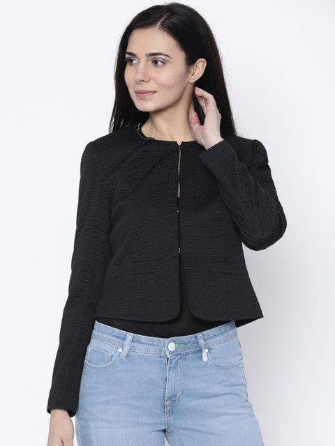 

Madame Women Black Self Design Tailored Jacket