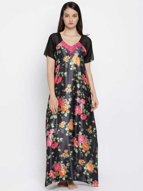 

Sweet Dreams Women Black Printed Satin Maxi Nightdress