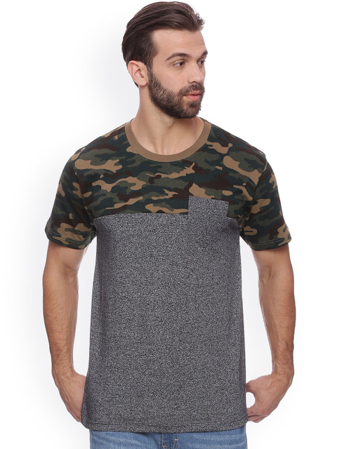

Difference of Opinion Men Grey & Olive Green Printed Round Neck T-shirt