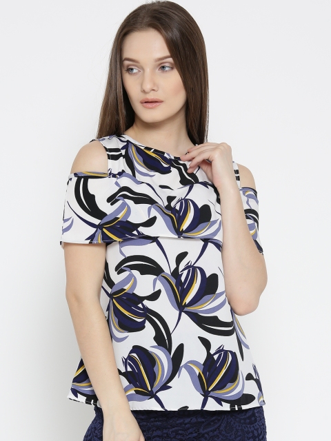 

Moda Rapido Women White Printed Cold Shoulder A-Line Top