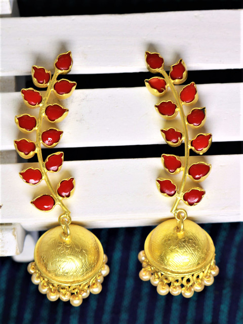

PANASH Gold-Plated & Red Dome-Shaped Jhumkas