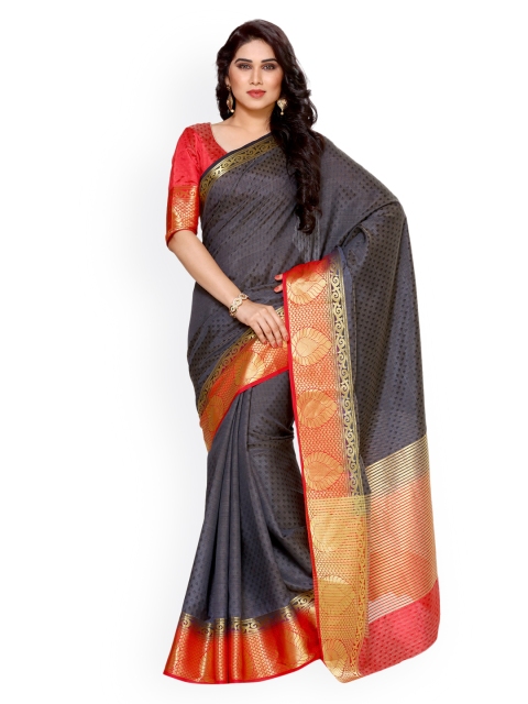 

MIMOSA by Kupinda Charcoal Grey & Red Art Silk Embellished Kanjeevaram Saree