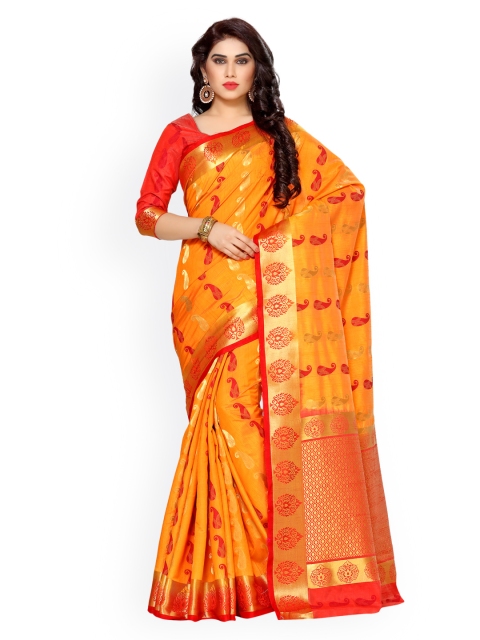 MIMOSA Orange Art Silk Woven Design Kanjeevaram Saree