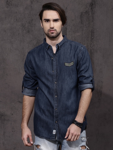 

Roadster Men Navy Blue Faded Denim Shirt