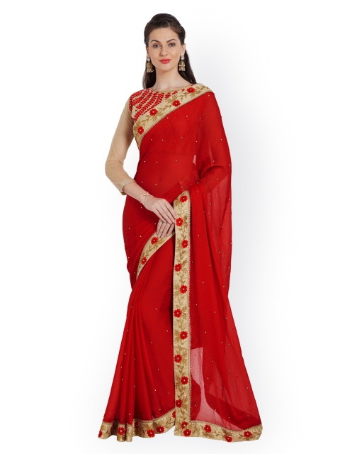 

Indian Women Red Solid Poly Chiffon Saree