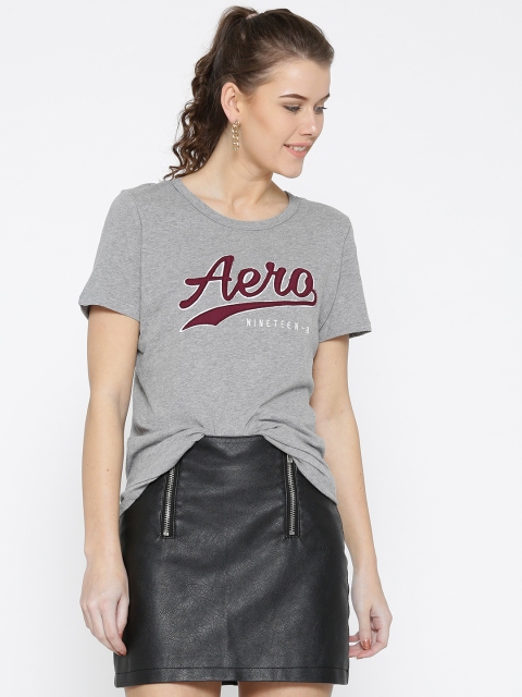 

Aeropostale Women Grey Melange Applique Round Neck T-shirt