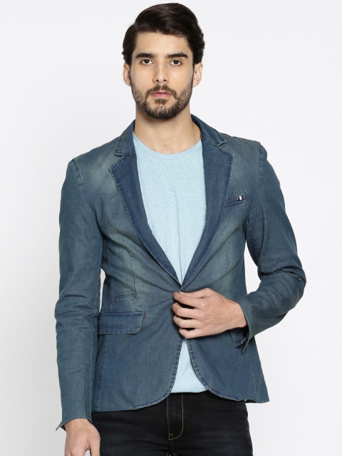 

The Indian Garage Co Men Blue Denim Slim Fit Faded Casual Blazer